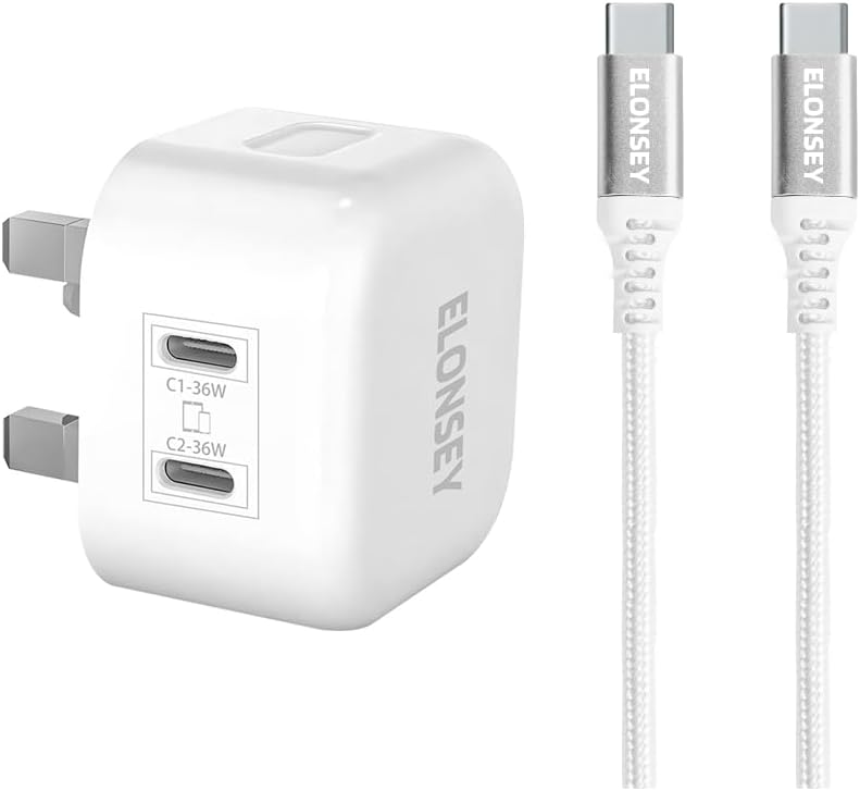 ELONSEY 36W 2xPD Wall Charger + USB-C to USB-C 100W braided cable, 3.0 Charging Adapter Comptible with iPhon 15/15 Pro Max/15 Pro/15 mini/12/11, New iPd 9, iPd mini 6, Glaxy S23 - White (36W+2PD)