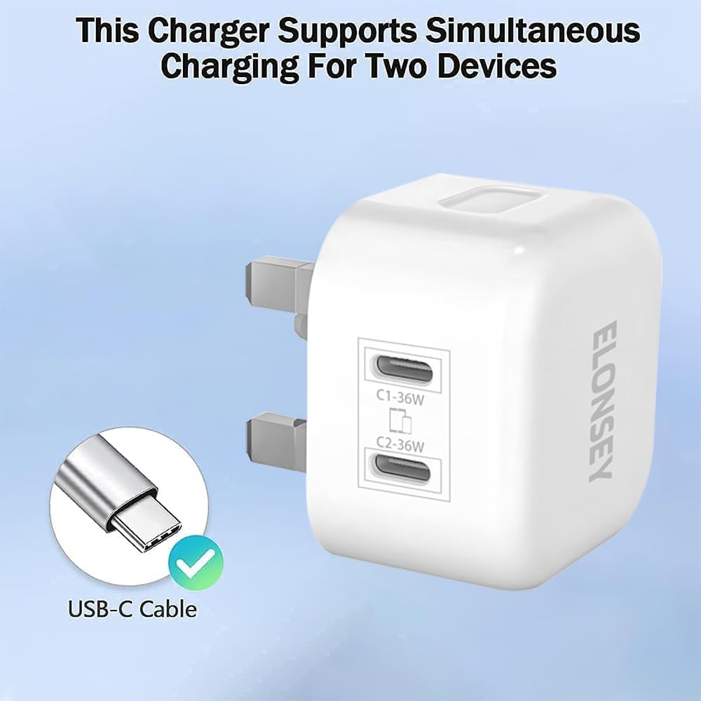 ELONSEY 36W 2xPD Wall Charger + USB-C to USB-C 100W braided cable, 3.0 Charging Adapter Comptible with iPhon 15/15 Pro Max/15 Pro/15 mini/12/11, New iPd 9, iPd mini 6, Glaxy S23 - White (36W+2PD)