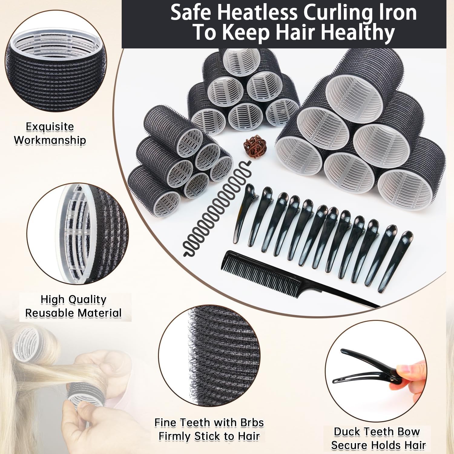 Elonsey Heatless Hair Rollers 13 PCS – 8 Large 9cm Curlers, 3 Duckbill Clips, Comb & Braiding Tool for Long, Short, Fine Hair & Bangs – No-Heat Styling for Volume, Curls & Natural Waves