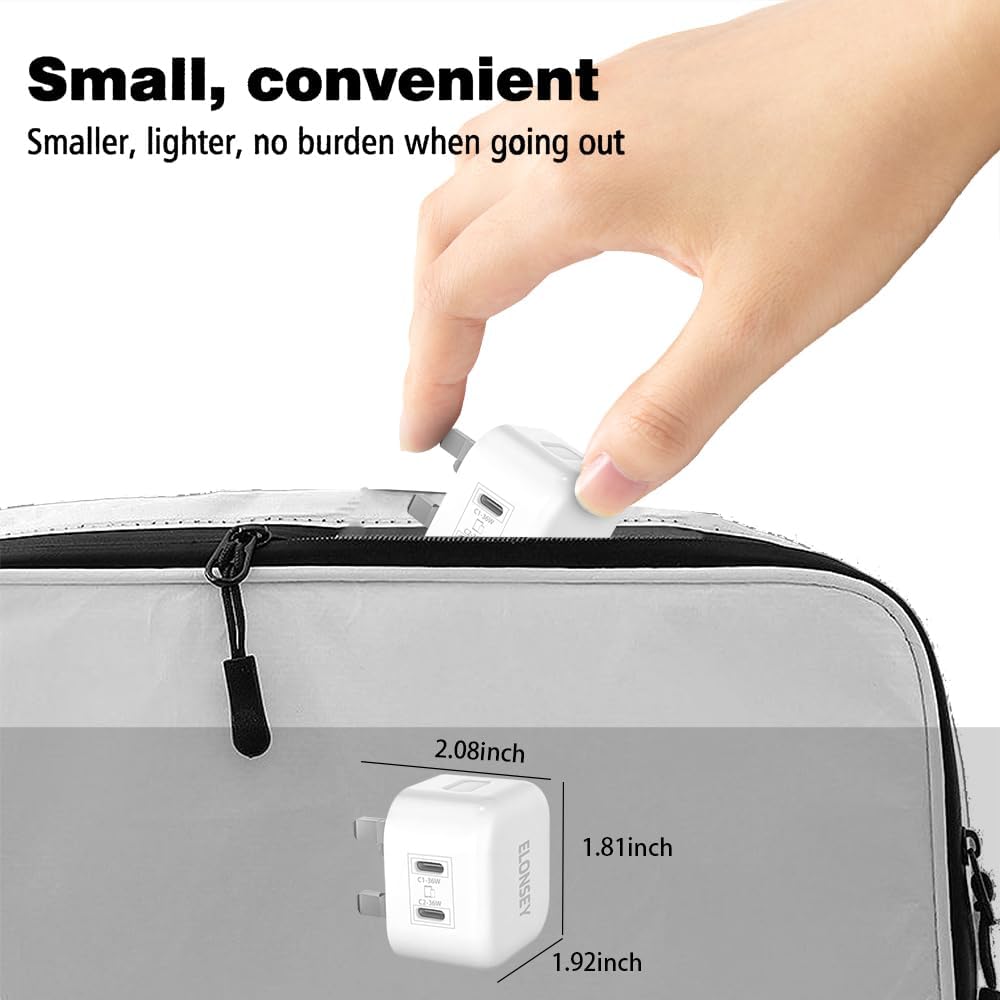 ELONSEY 36W 2xPD Wall Charger + USB-C to USB-C 100W braided cable, 3.0 Charging Adapter Comptible with iPhon 15/15 Pro Max/15 Pro/15 mini/12/11, New iPd 9, iPd mini 6, Glaxy S23 - White (36W+2PD)