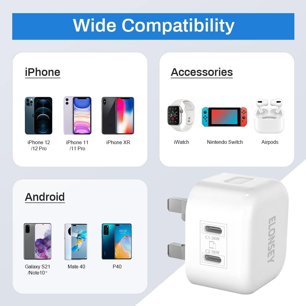ELONSEY 36W 2xPD Wall Charger + USB-C to USB-C 100W braided cable, 3.0 Charging Adapter Comptible with iPhon 15/15 Pro Max/15 Pro/15 mini/12/11, New iPd 9, iPd mini 6, Glaxy S23 - White (36W+2PD)