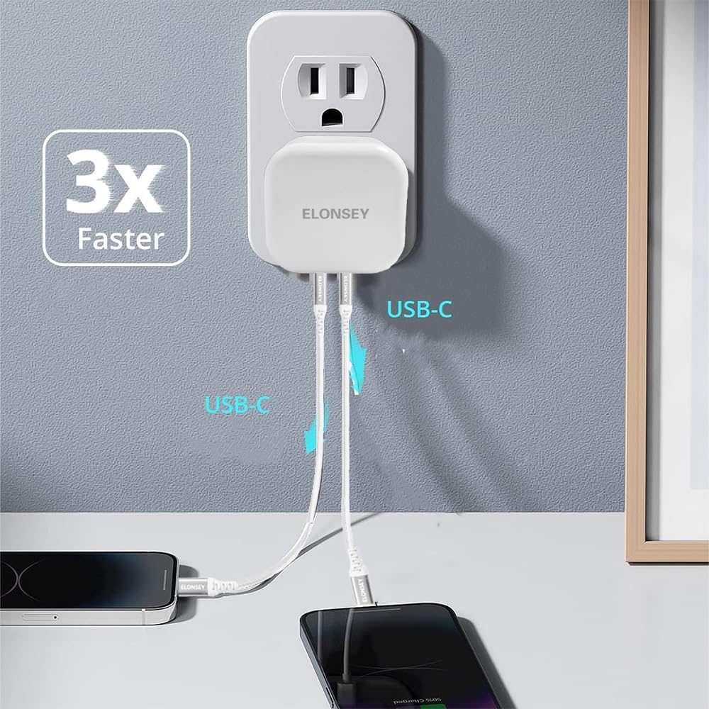 ELONSEY 36W 2xPD Wall Charger + USB-C to USB-C 100W braided cable, 3.0 Charging Adapter Comptible with iPhon 15/15 Pro Max/15 Pro/15 mini/12/11, New iPd 9, iPd mini 6, Glaxy S23 - White (36W+2PD)