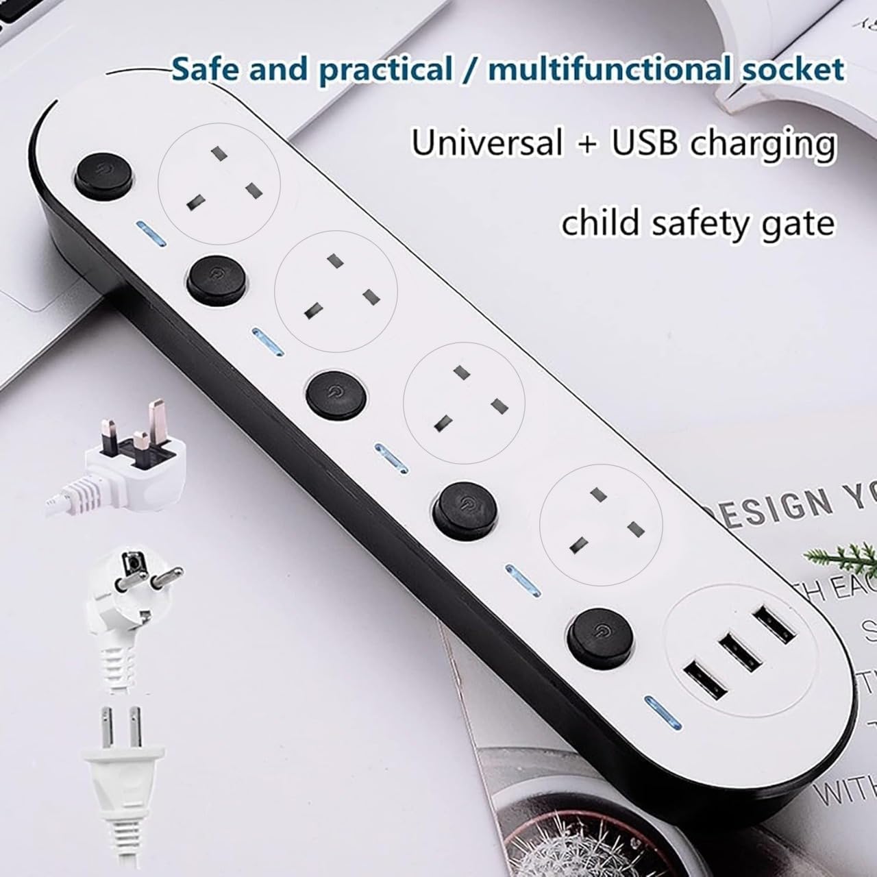 Extension Cord 5 Meter with 4 Outlets and 3 USB Ports, Power Strip with Surge Protection, Heavy Duty Extension Lead - White (4S+3U+5M)