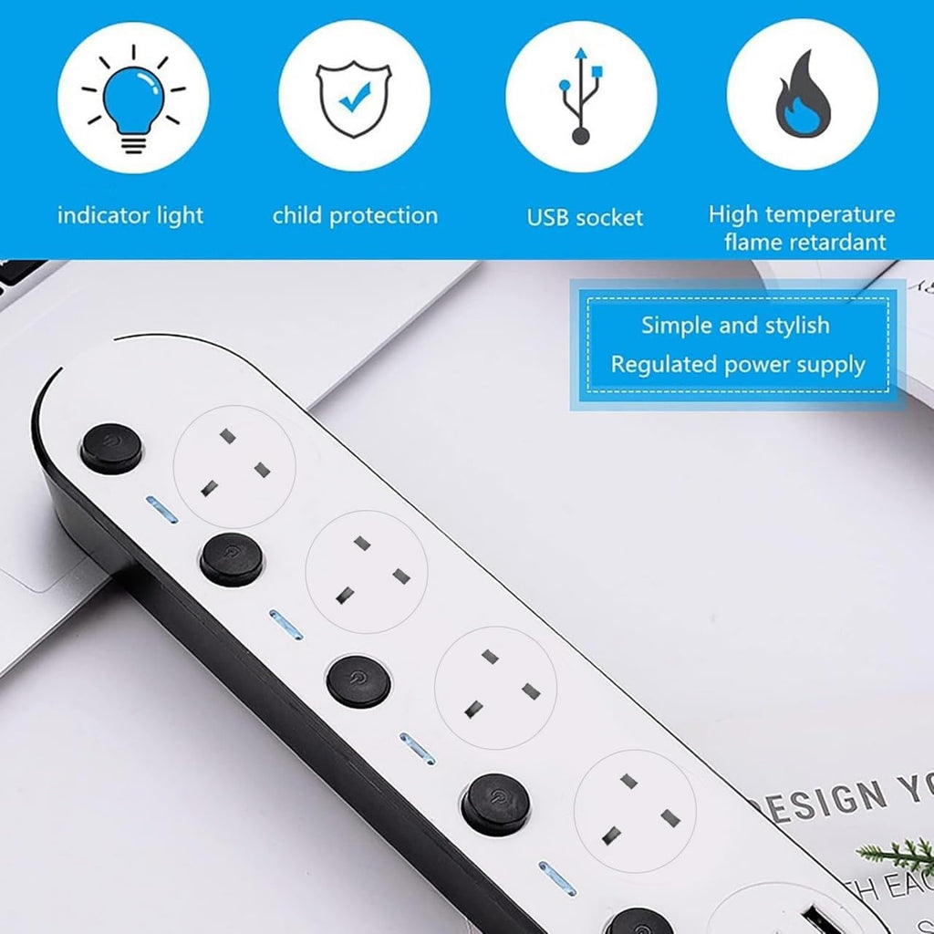 Extension Cord 5 Meter with 4 Outlets and 3 USB Ports, Power Strip with Surge Protection, Heavy Duty Extension Lead - White (4S+3U+5M)