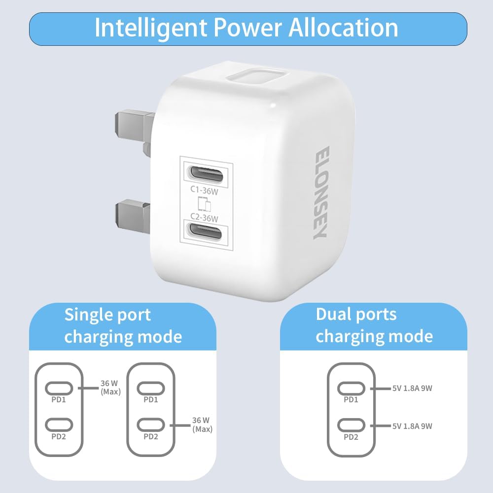 ELONSEY 36W 2xPD Wall Charger + USB-C to USB-C 100W braided cable, 3.0 Charging Adapter Comptible with iPhon 15/15 Pro Max/15 Pro/15 mini/12/11, New iPd 9, iPd mini 6, Glaxy S23 - White (36W+2PD)